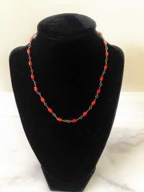 Vintage Copper Bead Station Necklace with Heart-shaped Clasp, 15.5 in